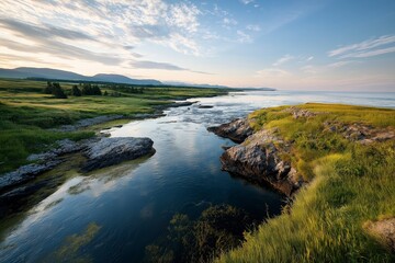 Serene cliffs overlook a winding green river under a sunny sky at the horizon. Generative AI