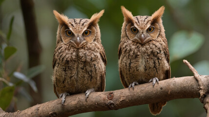 Fototapeta premium great horned owls on a branch—now that’s an even more captivating sight! Imagine them side by side, their distinctive tufts standing tall, their large yellow eyes scanning the surroundings.