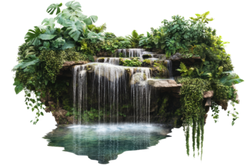 A serene waterfall cascading into a clear pool, surrounded by lush greenery. This natural landscape embodies tranquility and the beauty of nature.
