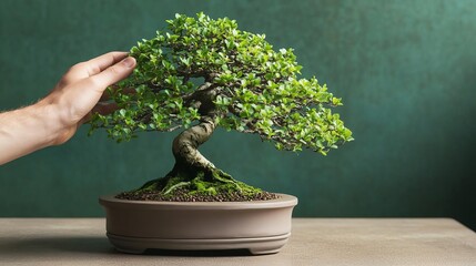 Gardener shaping a bonsai tree with precision, symbolizing patience and mastery