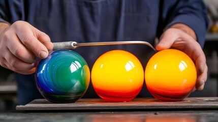 Glassblower creating a series of colorful glass orbs, artistry and specialized technique