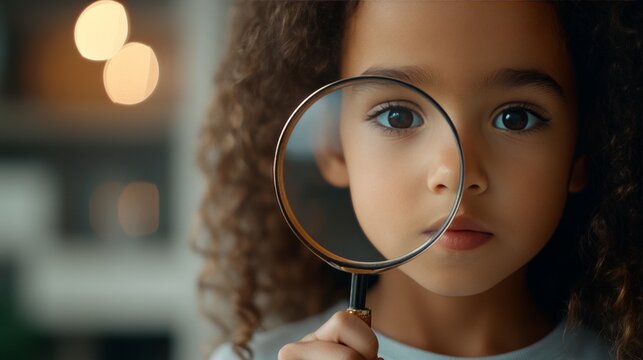 Curious girl with curly hair magnifying natural world, large brown eye peering closely through glass lens, expressing childhood wonder and investigative spirit