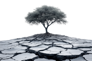 A solitary tree stands resilient on cracked earth, symbolizing hope and endurance in a parched landscape affected by climate change and drought.