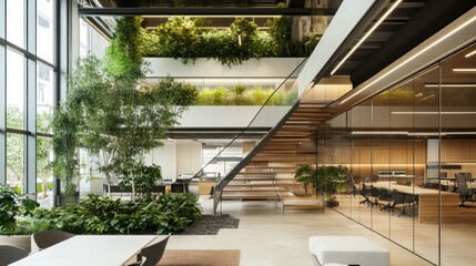 Fototapeta premium Modern Eco-Friendly Office Interior Design: A Stunning Blend of Nature and Architecture