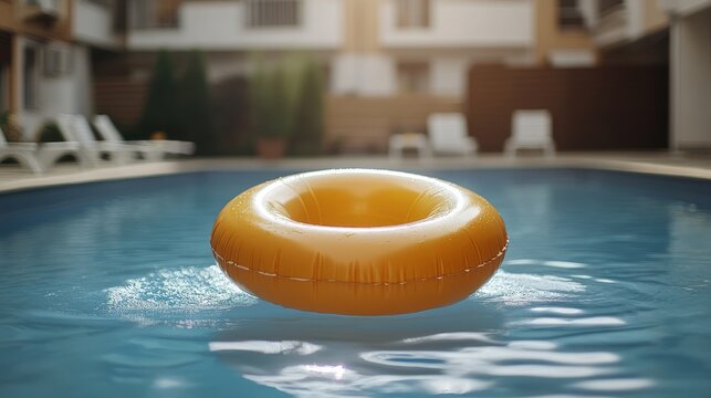 Bright orange pool float drifting across calm water surface, representing sunny leisure and resort relaxation during summer vacation