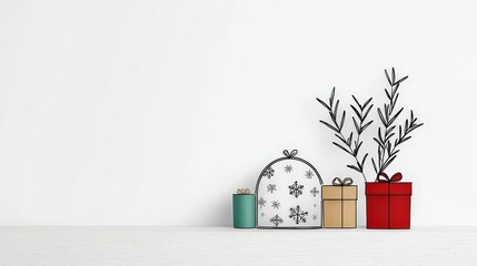 Festive Holiday Decorations with Gift Boxes and Minimalist Tree Branches on White Background