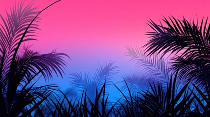 Obraz premium Silhouettes of palm leaves gently swaying in the wind, cast against a vibrant neon gradient background blending pink and blue tones