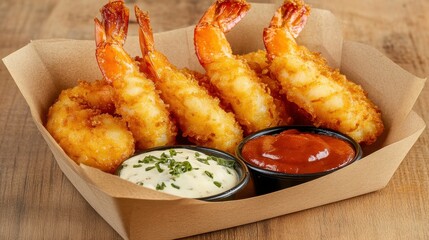 Crispy Shrimp with Dipping Sauces on Wooden Surface