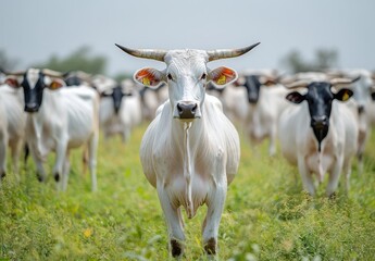 Majestic White Cow Stands Proudly Among Herd in Lush Green Pasture Surrounded by Black and White Cattle under Clear Blue Sky in a Rural Landscape