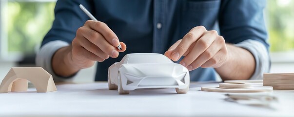 Industrial designer creating a futuristic car model, precision and innovation in focus