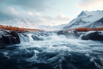 Majestic waterfall flows through icy landscapes under a moody sky in a remote mountainous region. Generative AI