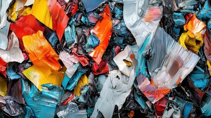 A vibrant abstract composition featuring a dynamic mix of colorful, layered paint textures.