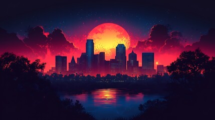 Fototapeta premium Cityscape at Sunset with a Large Red Moon