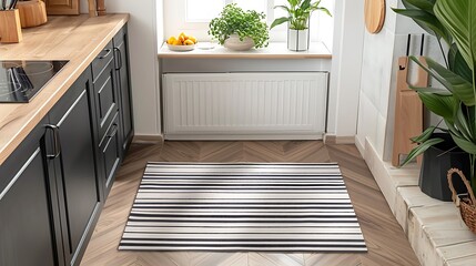 A washable kitchen mat with a non-slip backing and a modern striped design, centered on white.