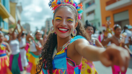 Pre-Carnival celebration Feria de Cali in Colombia, street parade with salsa dancers wearing...