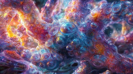 A vibrant, abstract image featuring colorful, swirling patterns reminiscent of coral or underwater life, showcasing intricate details and lively hues.