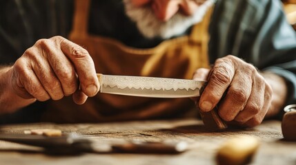 Knife maker honing a custom blade, precision and artisanal craftsmanship