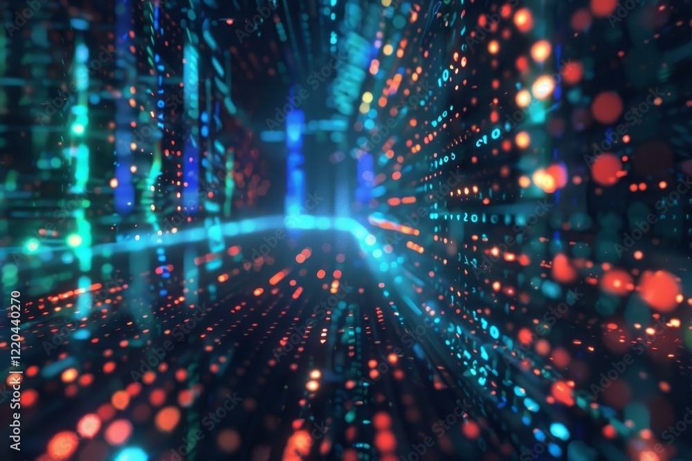 Poster binary code forming a futuristic data stream flowing through cyberspace
