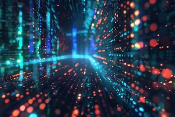 Binary code forming a futuristic data stream flowing through cyberspace