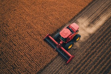 Red combine harvester harvesting soybeans in cultivated field aerial view