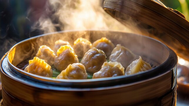 A bamboo steamer reveals steaming dumplings, showcasing a delightful culinary experience filled with warmth and flavor.