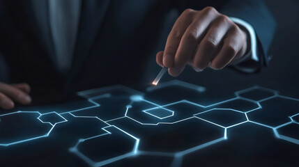 Businessman exploring digital network using futuristic pen shaped tool