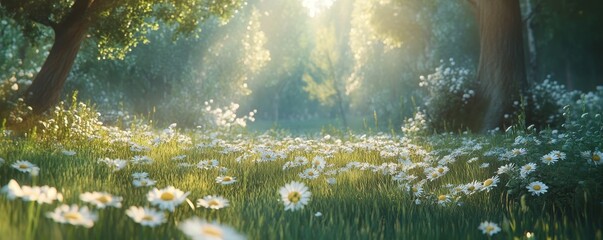 Idyllic sunlit meadow blanketed with daisies and lush grass, evoking serenity and growth, symbolizing renewal and the essence of spring, Generative AI