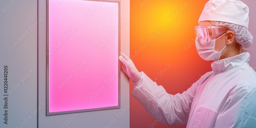Poster clean energy solar solutions concept. scientist in protective gear interacting with a glowing panel 