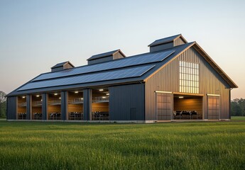 Obraz premium Modern Dairy Barn with Solar Panels Surrounded by Green Fields at Sunset, Showcasing Sustainable Farming Practices and Livestock Management in Rural Landscape