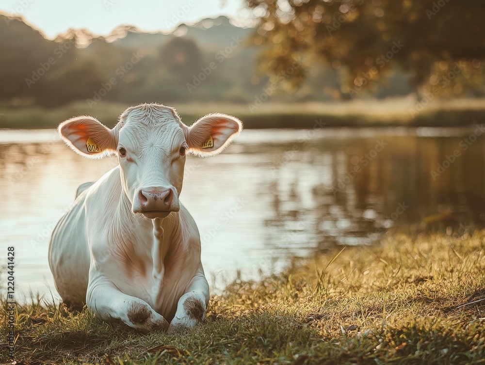 Poster peaceful calf relaxing by the water's edge on a sunny day surrounded by nature with a soft glow high