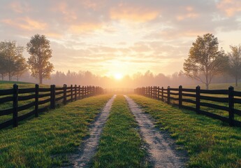 Peaceful country road at sunrise with golden light illuminating a serene landscape surrounded by lush greenery and wooden fences in a dreamy rural setting
