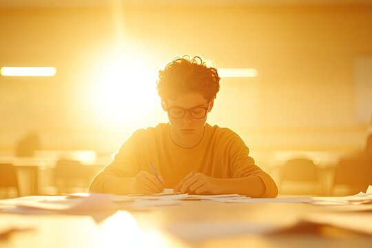 Focused individual immersed in creative work illuminated by warm
