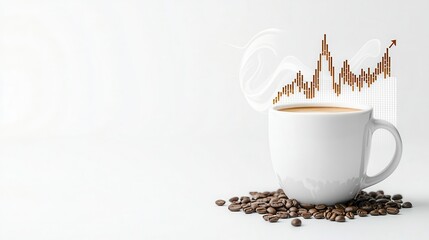 coffee cup icon featuring a rising profit graph in steam, set on a clean white background, symbolizing coffee business growth