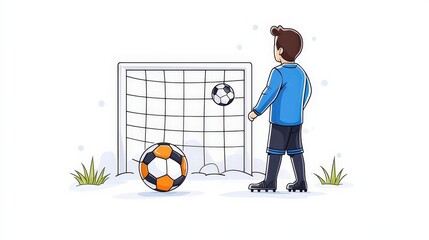 Fototapeta premium Young Boy Watching Soccer Ball Heading Toward Goal in Snowy Field Scene Illustration