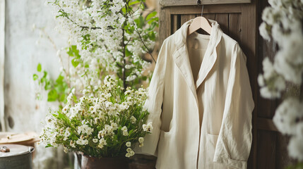  White coat on wooden hanger with blooming flowers in rustic setting