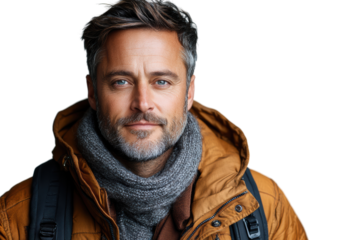 A stylish man wearing a warm jacket and a scarf, exuding a confident vibe. Ideal for themes of adventure, travel, or outdoor activities.