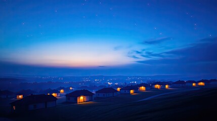 Tranquil twilight scene with glowing cottages under vast blue sk
