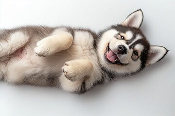 Obraz premium A happy and smiling husky puppy is lying on its back on a white background, acting like a spoiled child. It represents the close relationship between humans and animals.