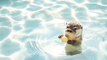 Otter playfully holds yellow ball in shimmering water, creating