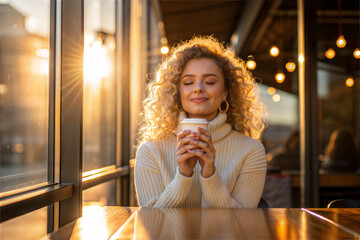 Person drinking coffee. Smiling woman enjoying coffee at a sunny café, golden hour, relaxation, self-care, joyful moment, coffee shop vibes, morning routine, happiness, lifestyle inspiration