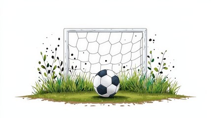 Illustration of a Soccer Goal with a Ball on Grass Surrounded by Green Plants and Soil