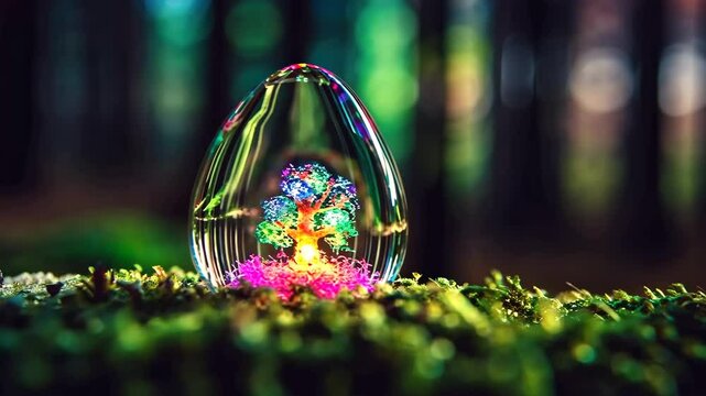 Magical miniature encased in glass egg with vibrant colors