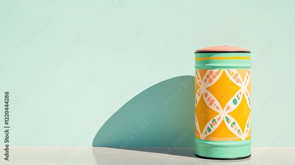 Poster colorful container features intricate patterns against soft past
