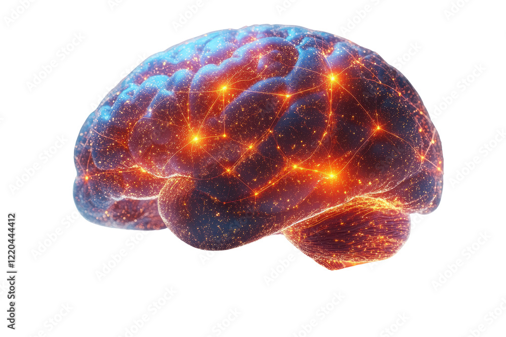 Poster a vibrant and intricate representation of a human brain, showcasing neuron connections glowing with 