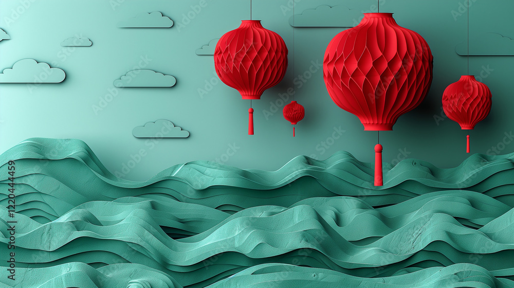 Poster red lanterns floating above stylized green waves..