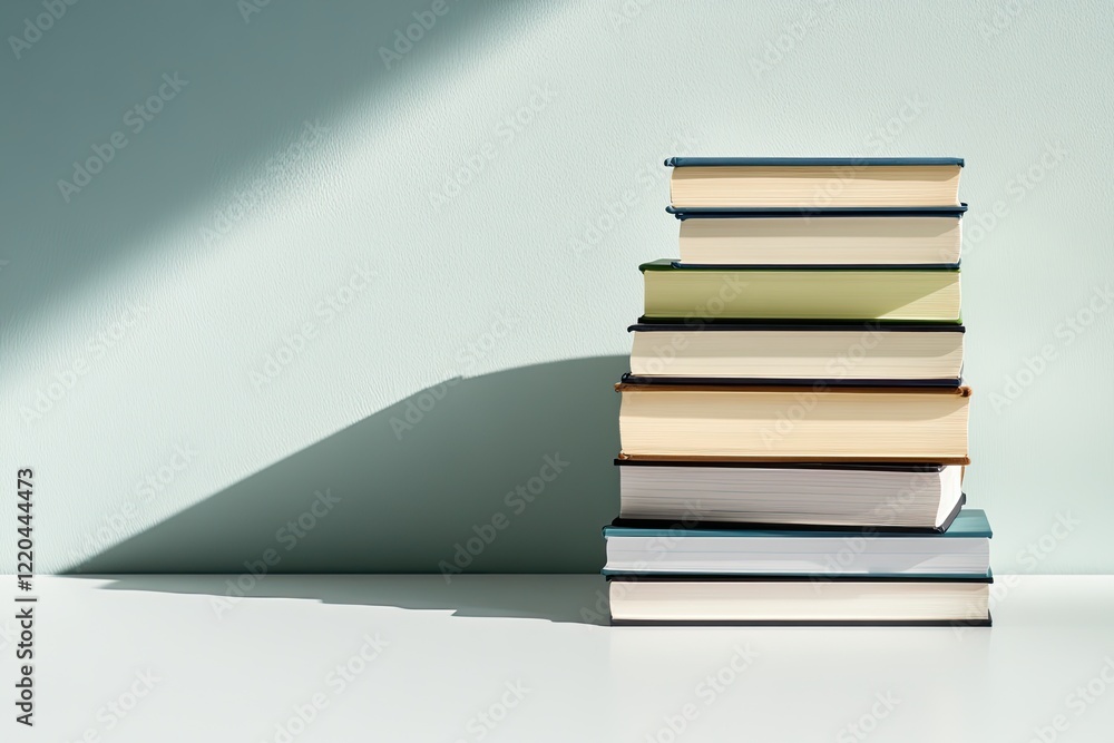 Poster stack of colorful books casting unique shadows against soft back