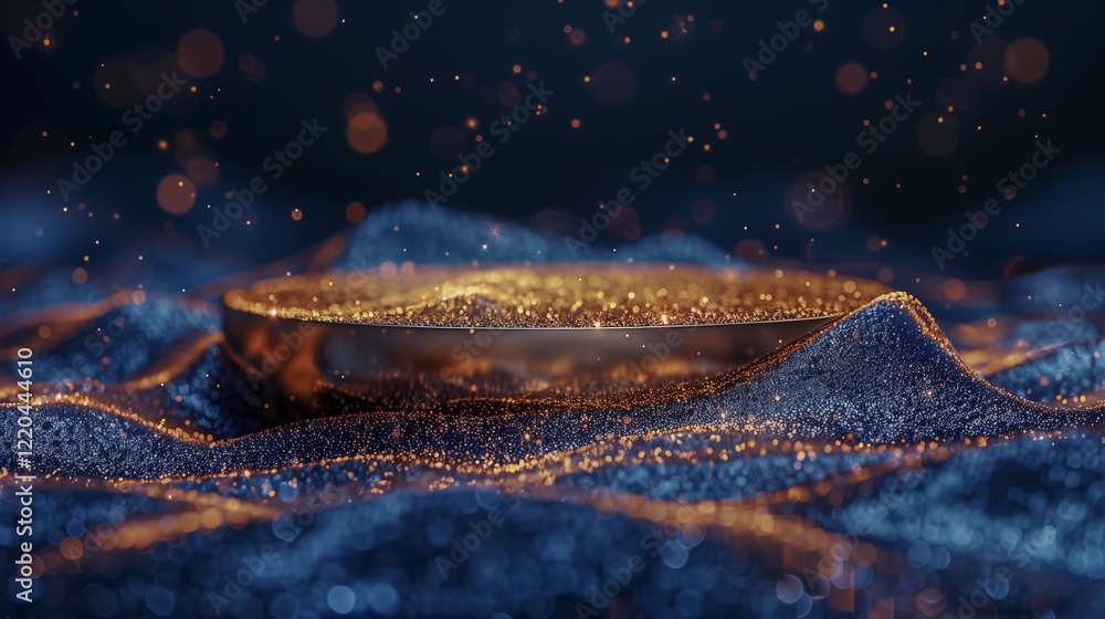 Poster glittering golden disk on sparkling velvet waves..