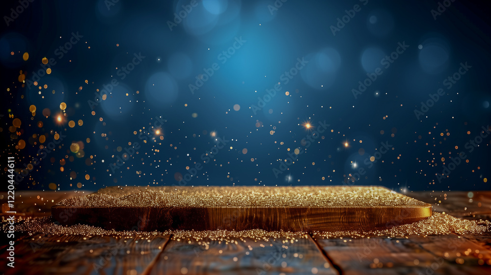 Poster golden glitter on wooden platform with sparkling bokeh..