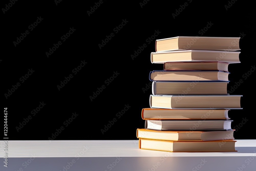 Poster stack of books rests on table, illuminated against dark backgrou