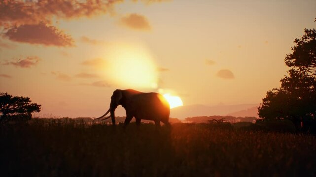 The lone elephant  is walking confidently the savannah against the backdrop of an majestic African sunset. The elegant animal traverses the golden sun disk, capturing an amazing moment of wild life.